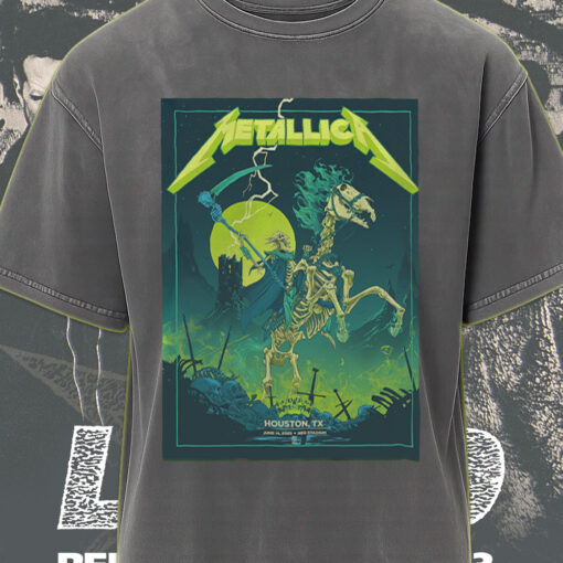 metallica acid wash tee m72 houston tour 2025 grim reaper skeleton horse rider neon lightning design 1