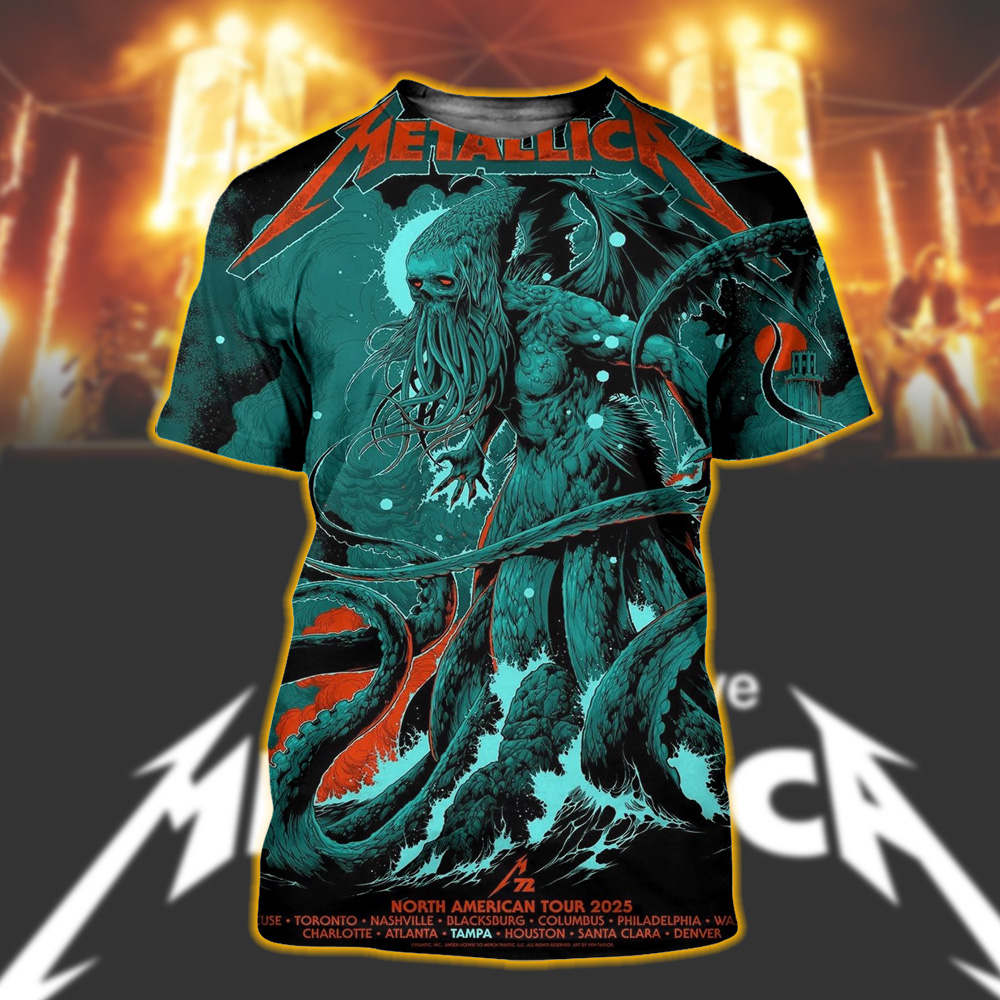 metallica m72 tampa 2025 pop up shop poster shirt cthulhu tour monster art raymond james stadium all over print tee june 6 8