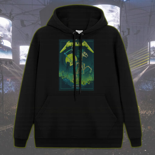 metallica m72 tour hoodie grim reaper skeleton rider june 14 2025 houston concert green lightning artwork