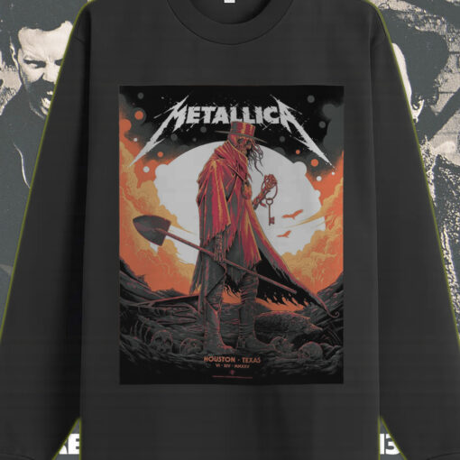 metallica m72 tour long sleeve houston show 2025 nrg stadium red cloak skull art print 1