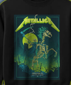 metallica m72 tour sweatshirt skeleton horse rider neon art houston show 2025 death reaper concert print
