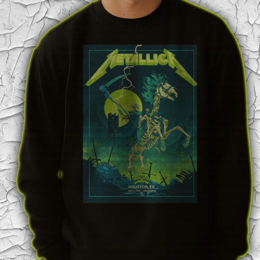 metallica m72 tour sweatshirt skeleton horse rider neon art houston show 2025 death reaper concert print 4