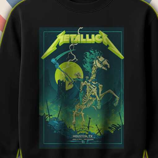 metallica m72 tour sweatshirt skeleton horse rider neon art houston show 2025 death reaper concert print