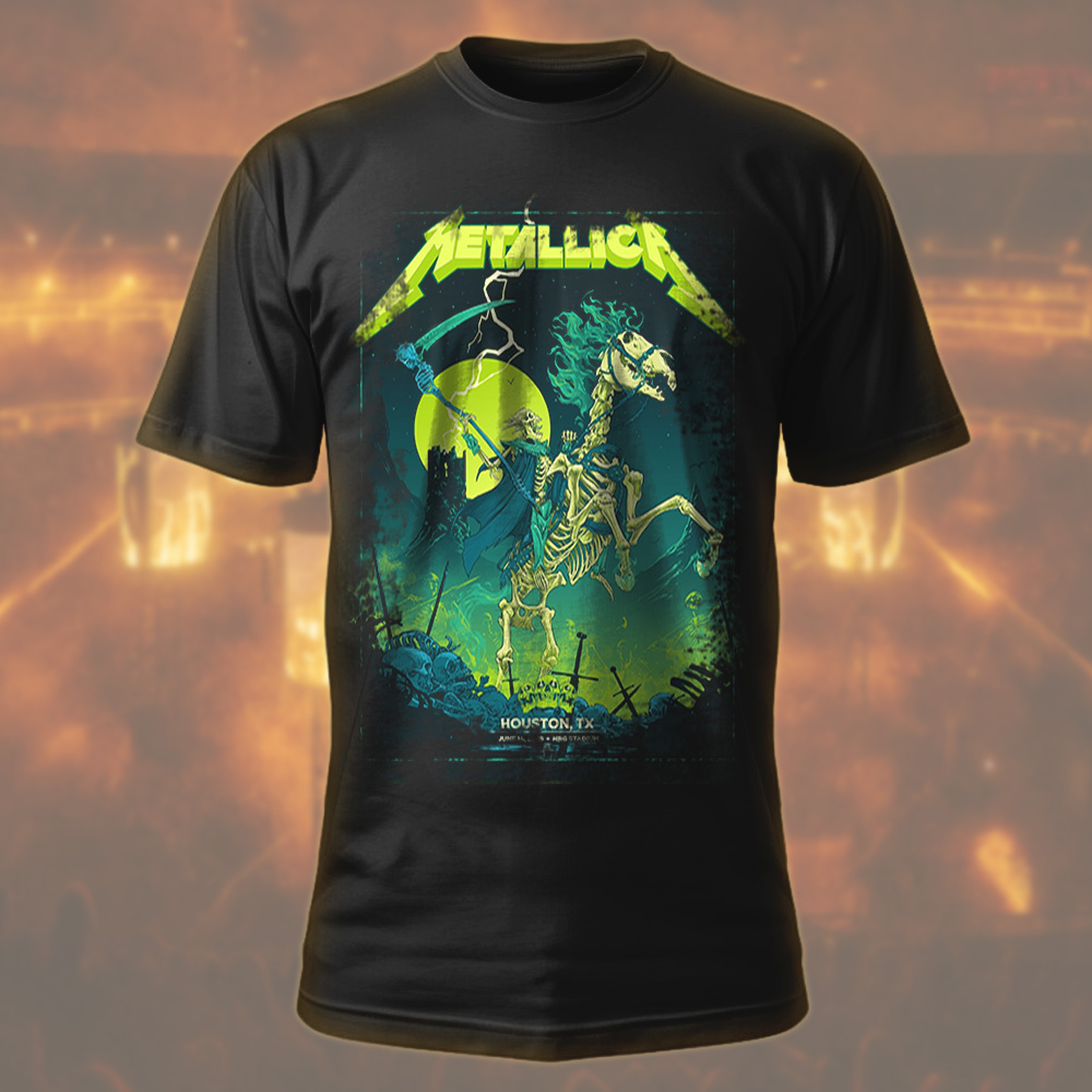metallica m72 tour t shirt grim reaper horseman design skeleton rider official band merch houston tx june 14 2025