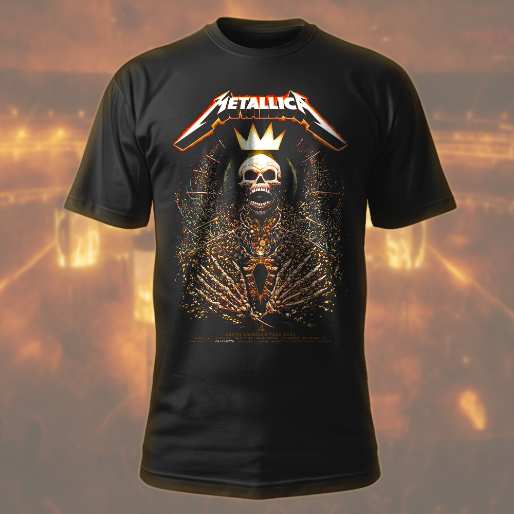 metallica north american tour 2025 shirt skeleton king crown design m72 world tour official apparel 1