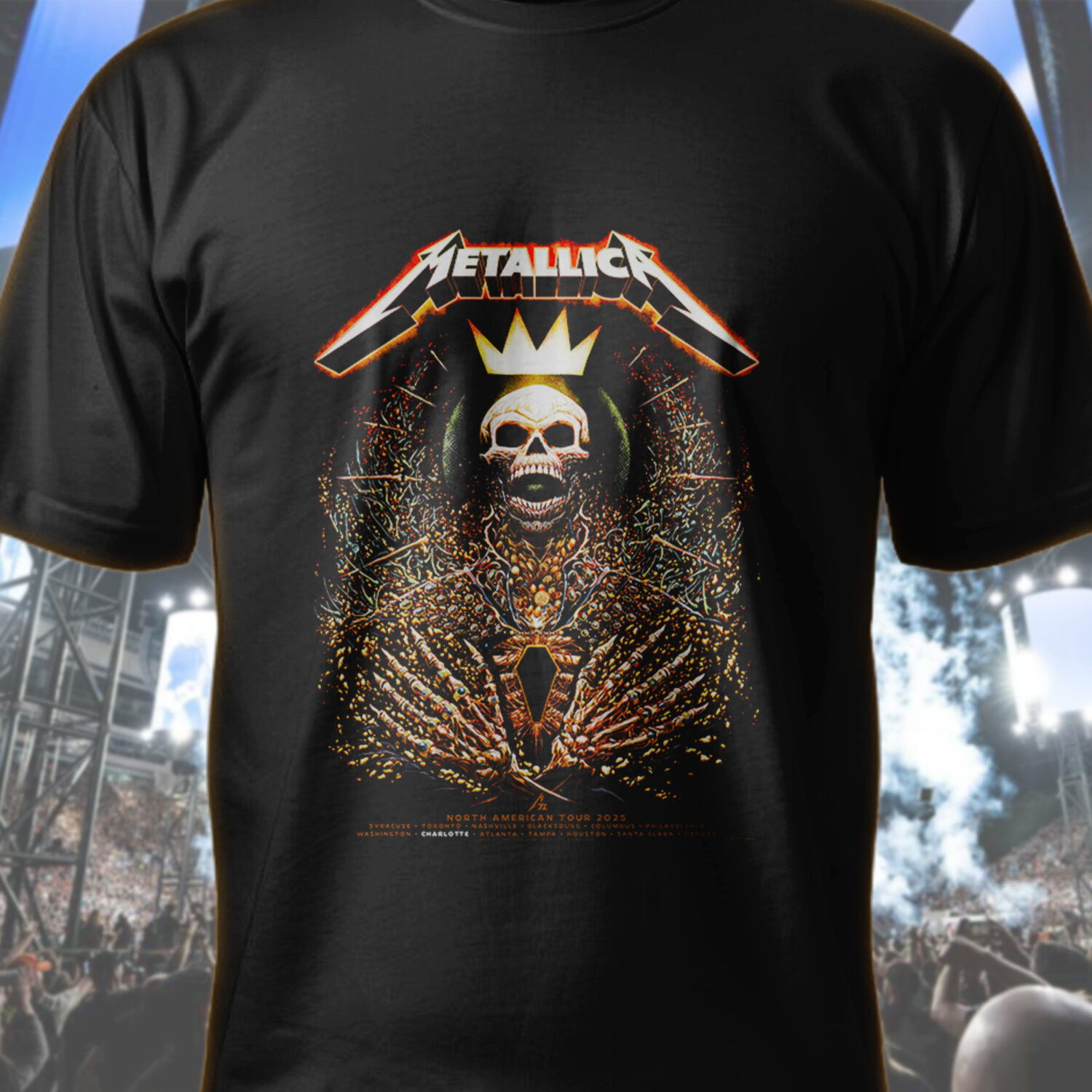 metallica north american tour 2025 shirt skeleton king crown design m72 world tour official apparel 1