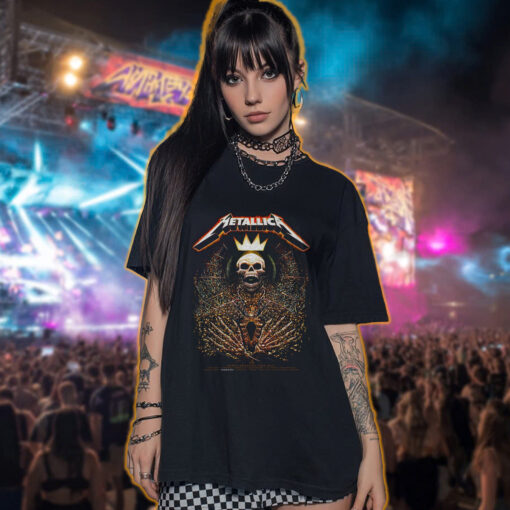 metallica north american tour 2025 shirt skeleton king crown design m72 world tour official apparel 2