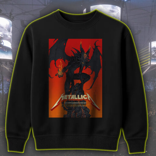 metallica north american tour 2025 sweatshirt fiery demon design from official m72 poster nashville to columbus drop 1