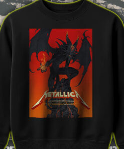 metallica north american tour 2025 sweatshirt fiery demon design from official m72 poster nashville to columbus drop 2