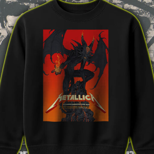 metallica north american tour 2025 sweatshirt fiery demon design from official m72 poster nashville to columbus drop 2