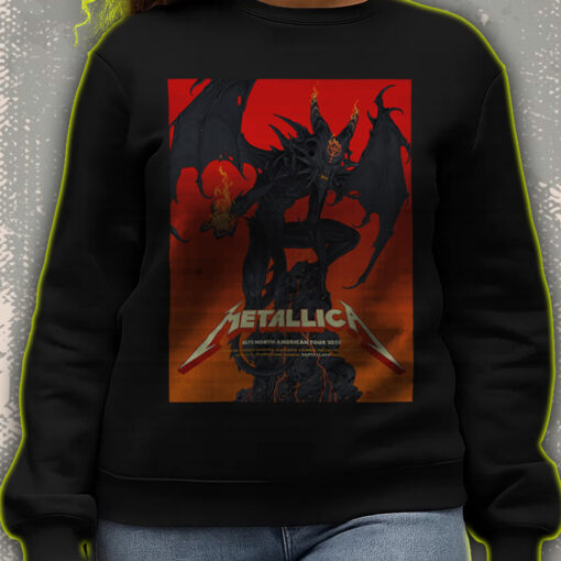 metallica north american tour 2025 sweatshirt fiery demon design from official m72 poster nashville to columbus drop 3