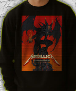metallica north american tour 2025 sweatshirt fiery demon design from official m72 poster nashville to columbus drop 4