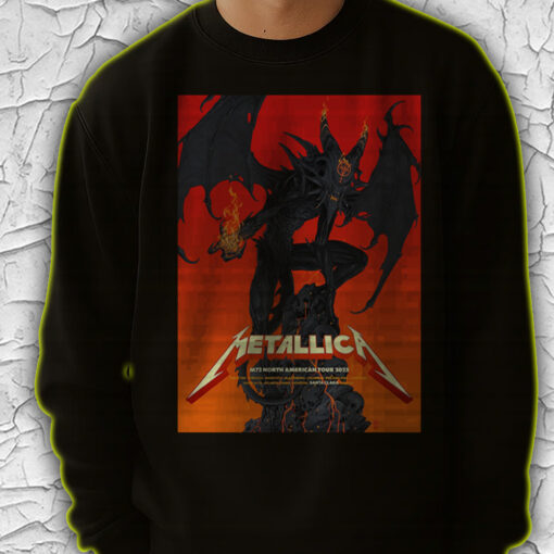metallica north american tour 2025 sweatshirt fiery demon design from official m72 poster nashville to columbus drop 4