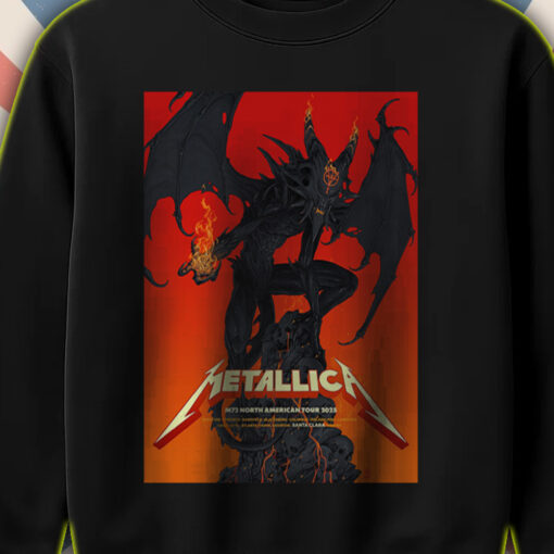 metallica north american tour 2025 sweatshirt fiery demon design from official m72 poster nashville to columbus drop