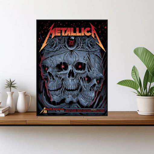metallica m72 tour 2025 poster triple skull rose canvas wall art 1