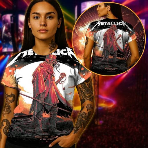 metallica m72 tour aop shirt june 14 2025 houston tx nrg stadium gravekeeper skeleton with key 3d artwork limited concert tee 3