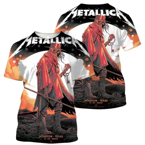 metallica m72 tour aop shirt june 14 2025 houston tx nrg stadium gravekeeper skeleton with key 3d artwork limited concert tee