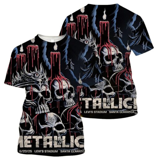 metallica m72 tour aop shirt june 20 2025 santa clara ca levis stadium skull candles grim reaper 3d artwork metallica x limp bizkit x ice nine kills concert tee