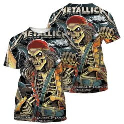 metallica m72 tour aop shirt june 8 2025 tampa fl raymond james stadium skeleton pirate with lantern 3d artwork limited concert tee
