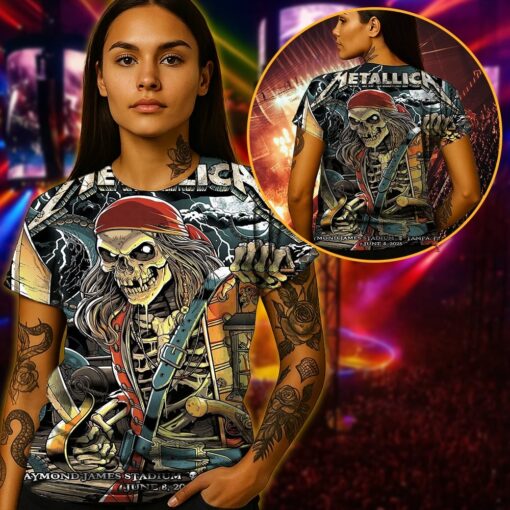 metallica m72 tour aop shirt june 8 2025 tampa fl raymond james stadium skeleton pirate with lantern 3d artwork limited concert tee 3