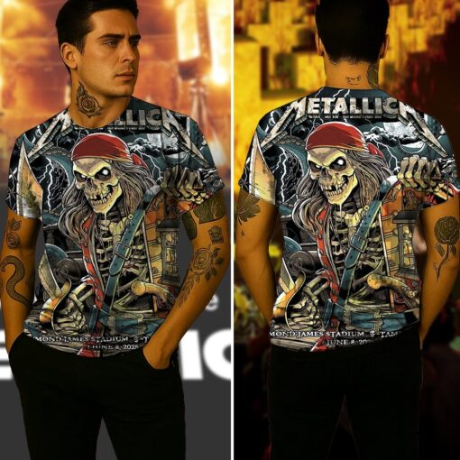 metallica m72 tour aop shirt june 8 2025 tampa fl raymond james stadium skeleton pirate with lantern 3d artwork limited concert tee 4