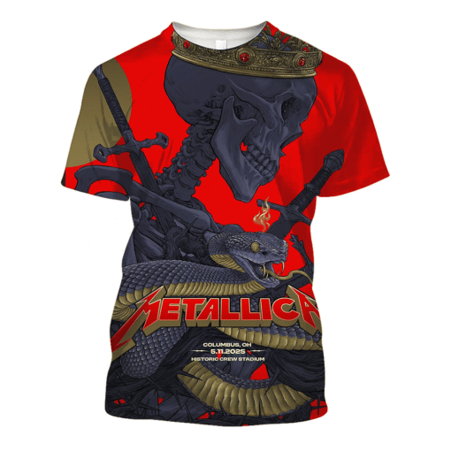 metallica m72 tour aop shirt may 11 2025 columbus oh historic crew stadium crowned skeleton serpent 3d artwork concert edition tee 1