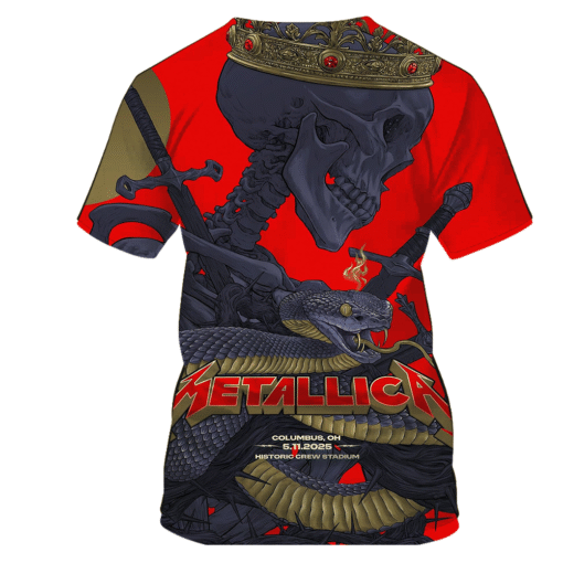 metallica m72 tour aop shirt may 11 2025 columbus oh historic crew stadium crowned skeleton serpent 3d artwork concert edition tee 2