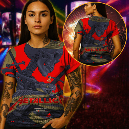 metallica m72 tour aop shirt may 11 2025 columbus oh historic crew stadium crowned skeleton serpent 3d artwork concert edition tee 3