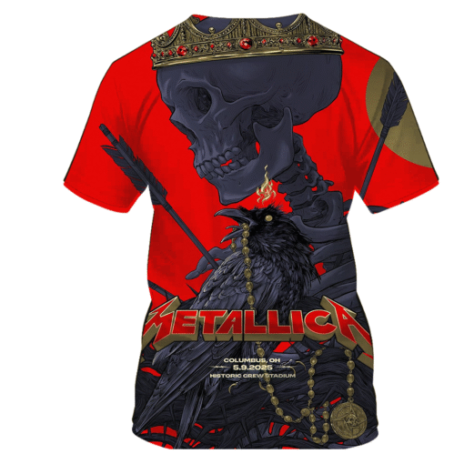 metallica m72 tour aop shirt may 9 2025 columbus oh historic crew stadium raven crowned skeleton 3d artwork metallica x pantera concert tee 2