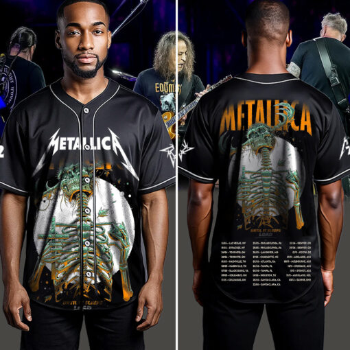 metallica m72 world tour baseball jersey june 14 2025 houston tx nrg stadium until it sleeps load skeleton edition by luke preece 4