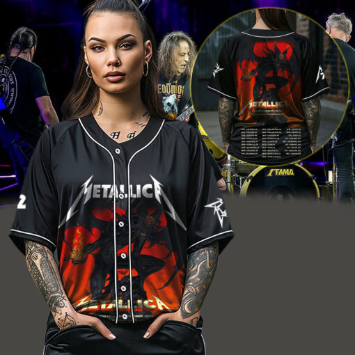 metallica m72 world tour baseball jersey june 20 2025 santa clara ca levis stadium demon flame no repeat weekend edition 3