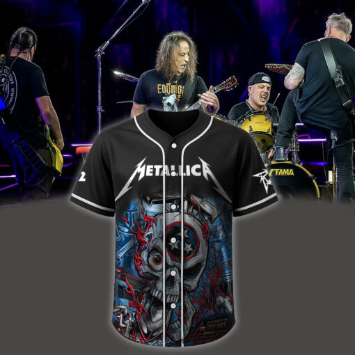 metallica m72 world tour baseball jersey may 1 3 2025 nashville tennessee nissan stadium skull stars of fire artwork 1