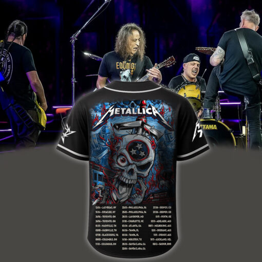 metallica m72 world tour baseball jersey may 1 3 2025 nashville tennessee nissan stadium skull stars of fire artwork 2