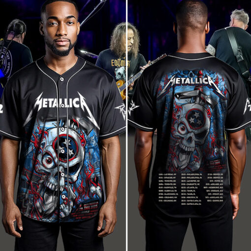 metallica m72 world tour baseball jersey may 1 3 2025 nashville tennessee nissan stadium skull stars of fire artwork 4