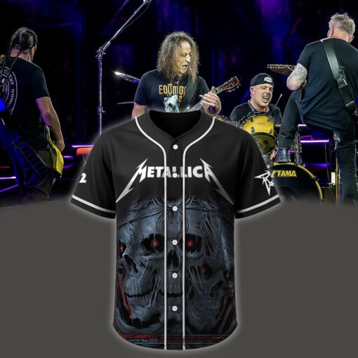 metallica m72 world tour baseball jersey may 9 2025 columbus ohio historic crew stadium triple skull rose spider design 1