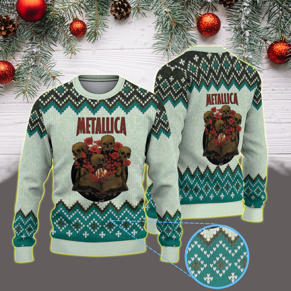 metallica load remastered mama said inspired artwork vintage skull poppy floral design 2025 heavy metal band ugly christmas sweater 1