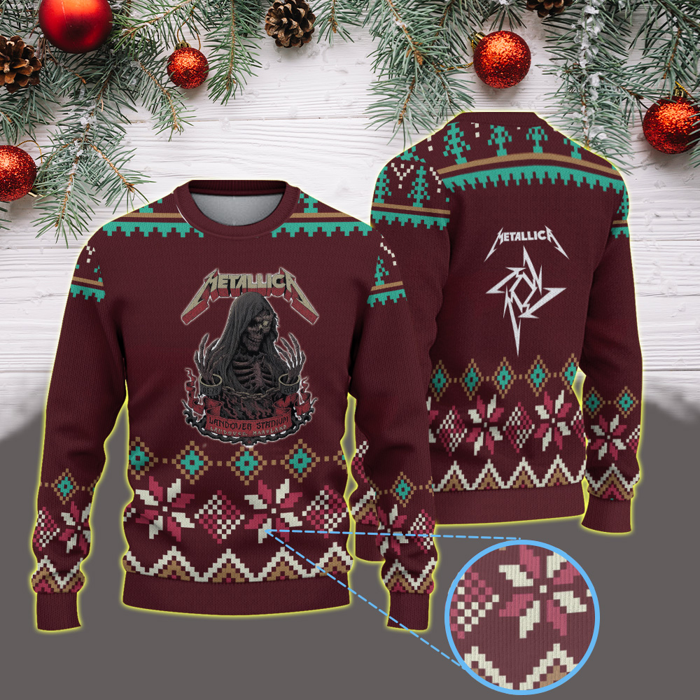 metallica m72 world tour 2025 may 28 2025 landover maryland northwest stadium grim reaper chain red banner artwork vintage ugly christmas sweater 1