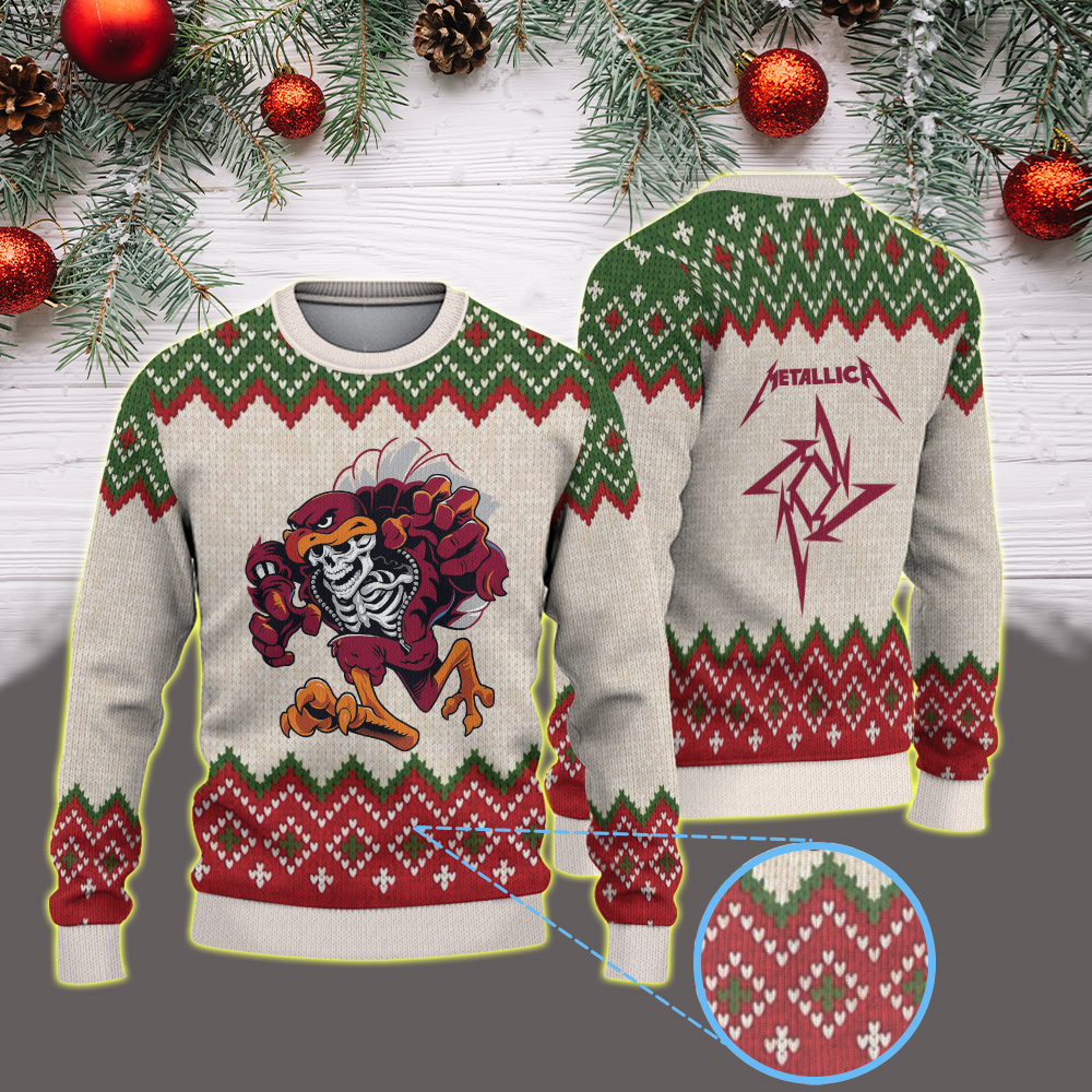 metallica m72 world tour 2025 may 7 2025 blacksburg virginia lane stadium virginia tech hokie skeleton mascot artwork vintage ugly christmas sweater 1