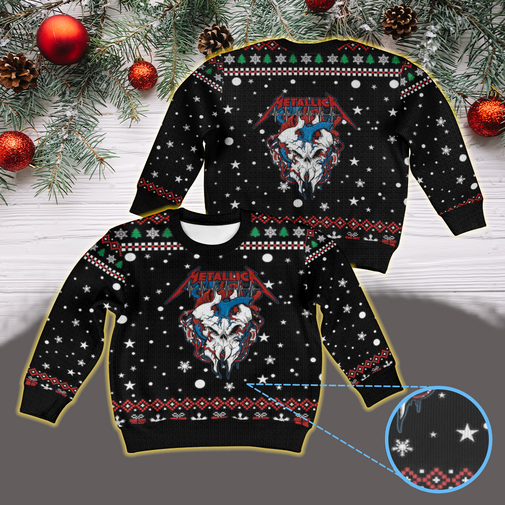 metallica x red cross 2026 limited edition blood donation design by squindo heart skull graphic vintage ugly christmas sweater