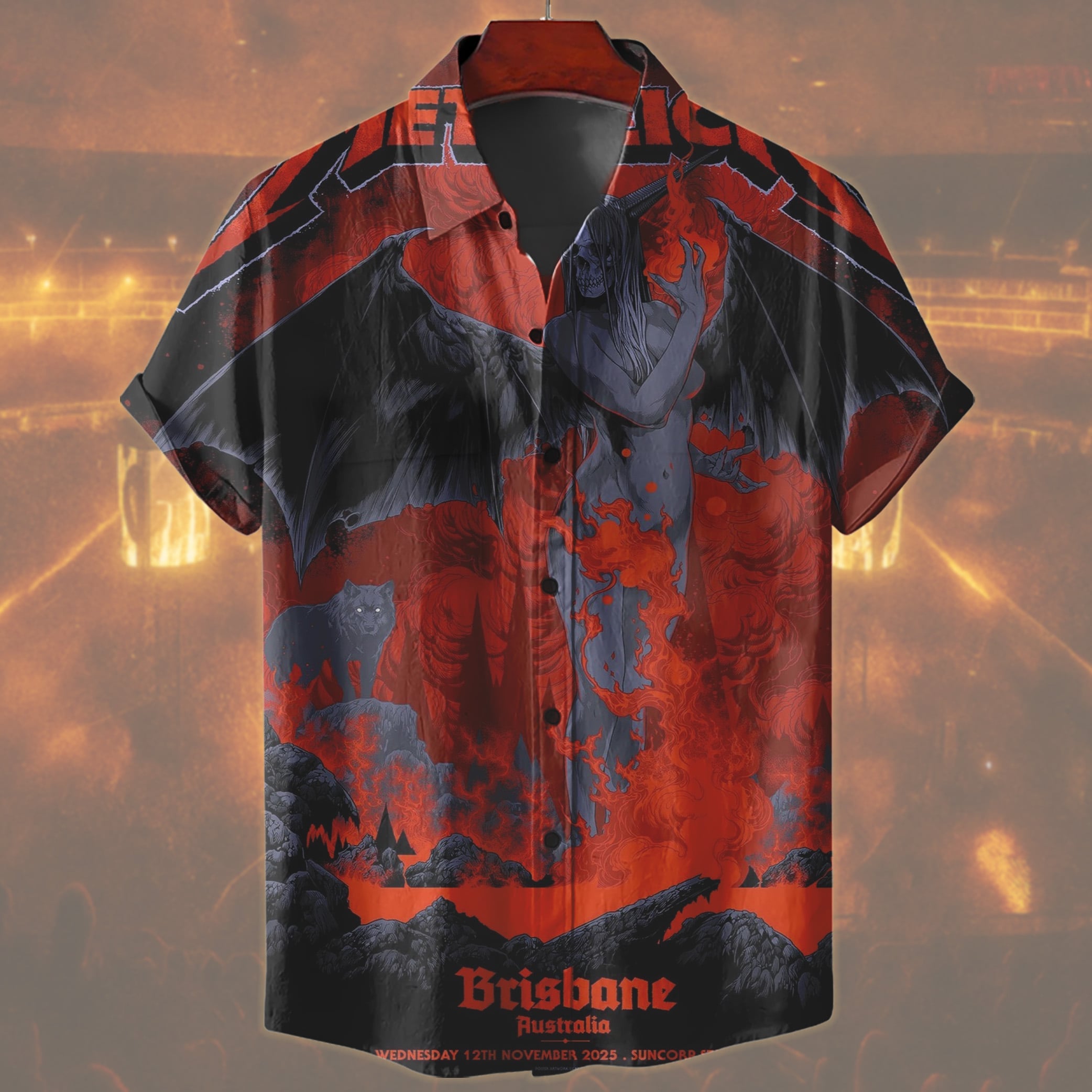 metallica brisbane australia suncorp stadium hawaiian shirt november 12 2025 fiery demon art m72 world tour 2025 2
