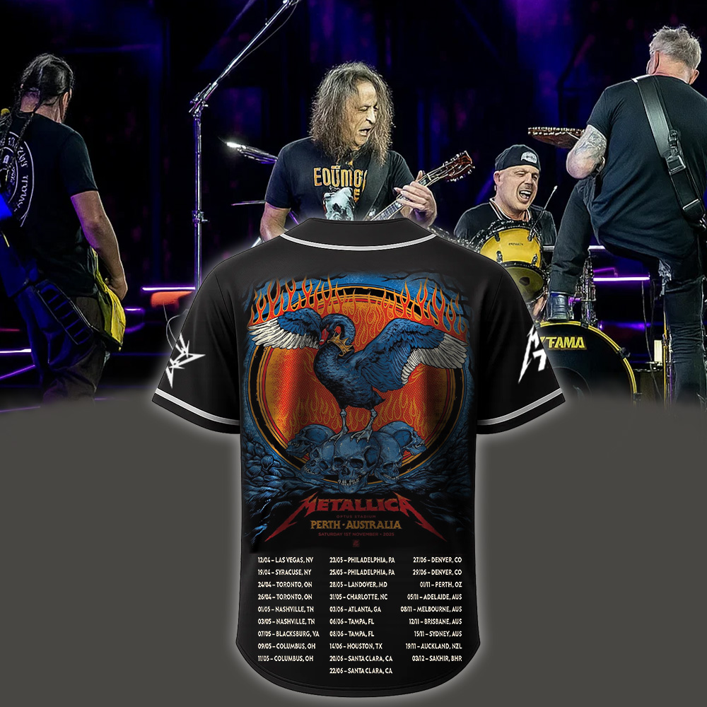 metallica m72 world tour 2025 november 1 2025 perth australia optus stadium the black swan baseball jersey 2