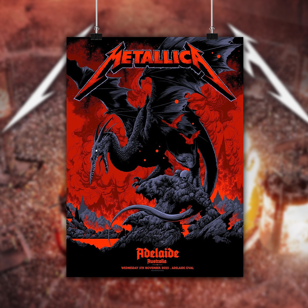 metallica m72 world tour 2025 november 5 2025 adelaide australia adelaide oval pterosaur design exclusive poster by ken taylor 4