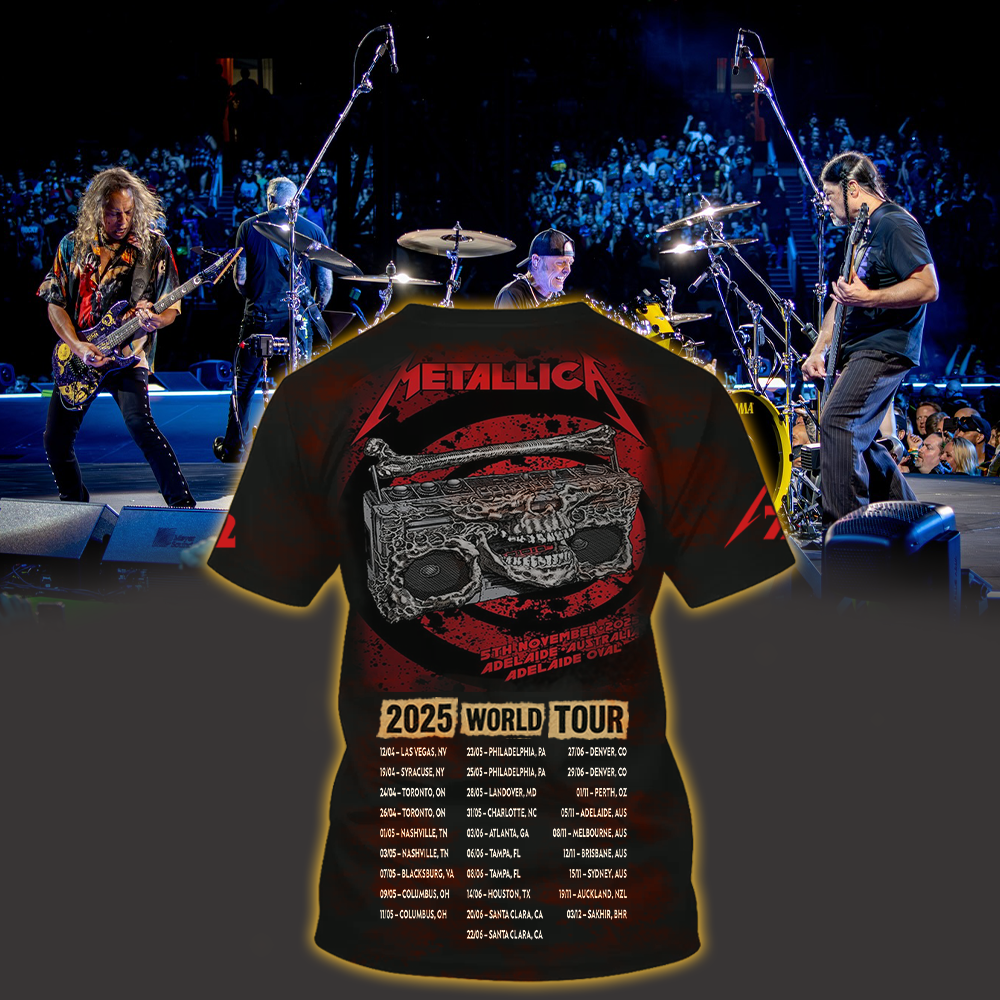 metallica m72 world tour 2025 november 5 2025 adelaide australia adelaide oval skeleton radio boombox from hell all over print shirt 2