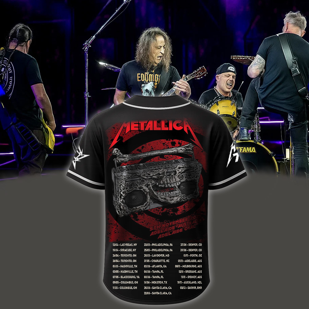 metallica m72 world tour 2025 november 5 2025 adelaide australia adelaide oval skeleton radio boombox from hell baseball jersey 2