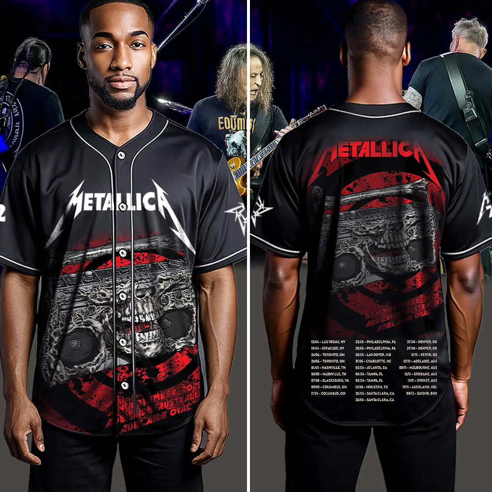 metallica m72 world tour 2025 november 5 2025 adelaide australia adelaide oval skeleton radio boombox from hell baseball jersey 4