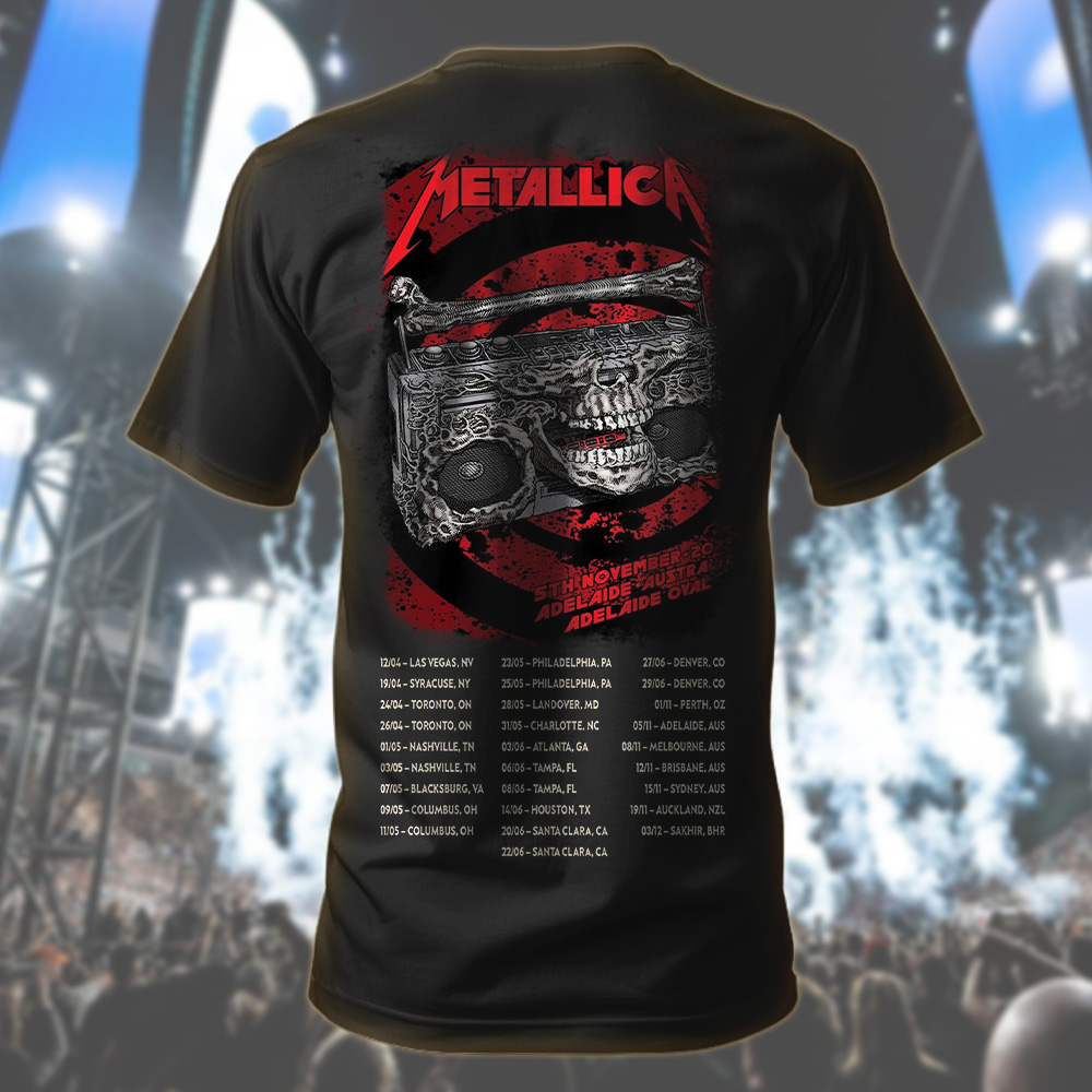 metallica m72 world tour 2025 november 5 2025 adelaide australia adelaide oval skeleton radio boombox from hell venue t shirt 2