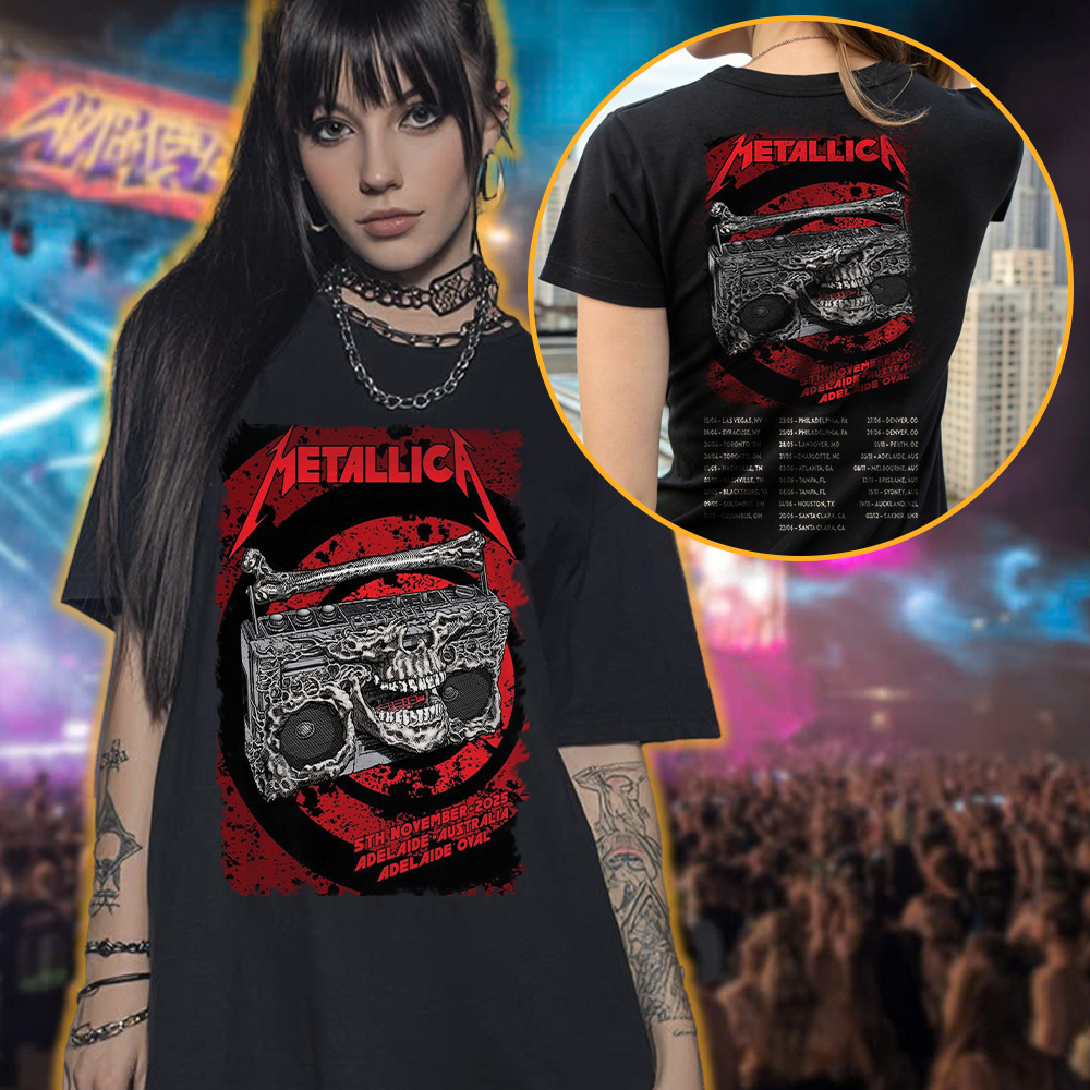 metallica m72 world tour 2025 november 5 2025 adelaide australia adelaide oval skeleton radio boombox from hell venue t shirt 3