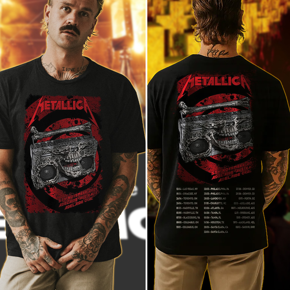 metallica m72 world tour 2025 november 5 2025 adelaide australia adelaide oval skeleton radio boombox from hell venue t shirt 4
