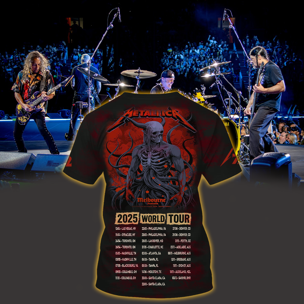 metallica m72 world tour 2025 november 8 2025 melbourne australia marvel stadium skeletal demon art by ken taylor pop up shop all over print shirt 2