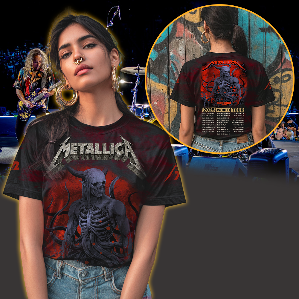 metallica m72 world tour 2025 november 8 2025 melbourne australia marvel stadium skeletal demon art by ken taylor pop up shop all over print shirt 3